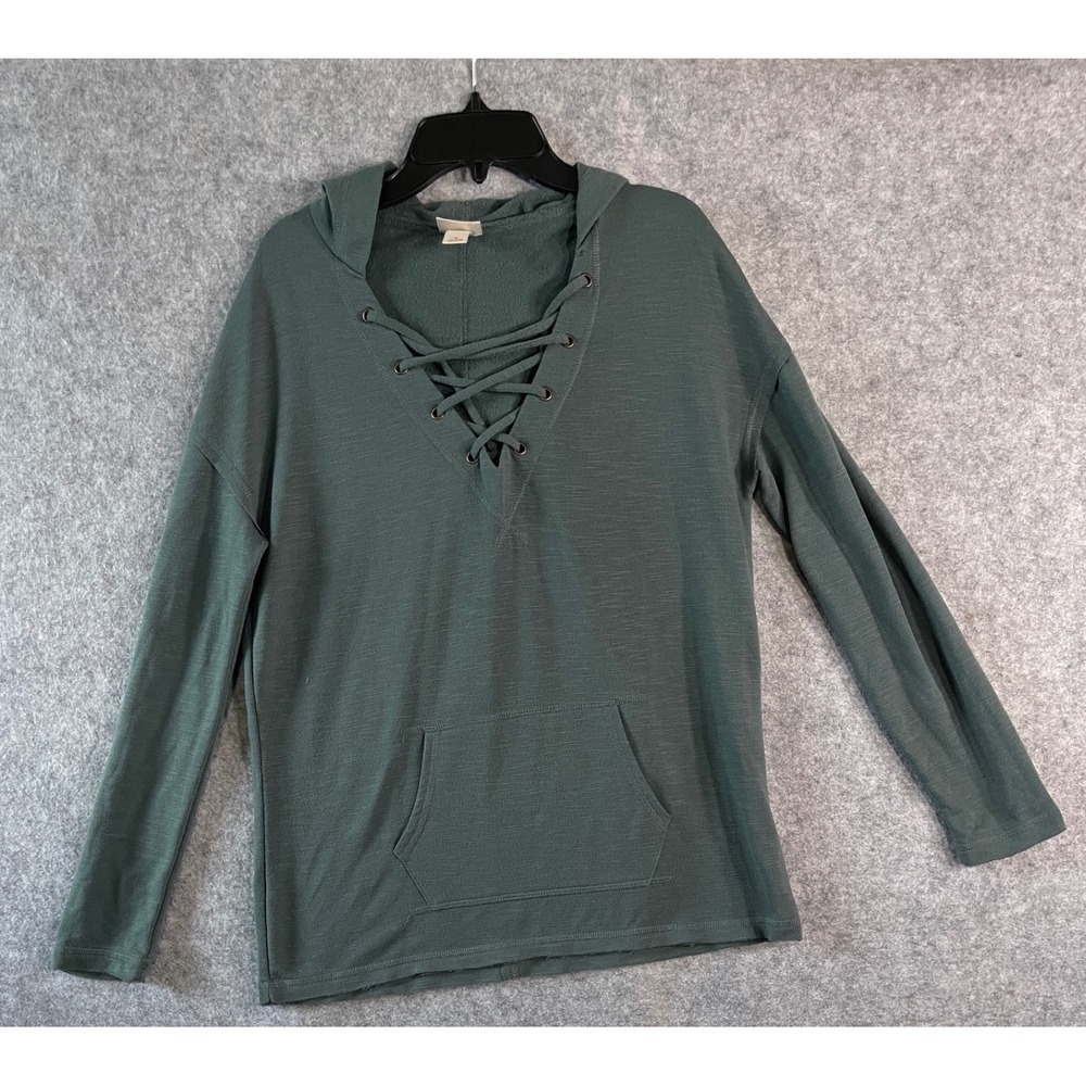 Mossimo Supply Co Womens Green Lace Up V-Neck Hoodie Slub Knit Pullover Small